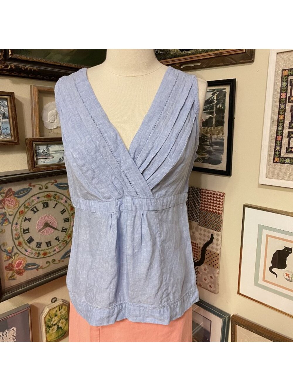 Lands End Womens Sleeveless Linen Blouse Size 14 Light Blue
